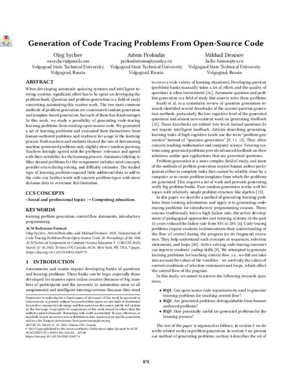 (PDF) Generation of Code Tracing Problems from Open-Source Code