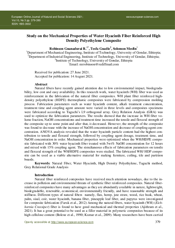 (PDF) Study on the Mechanical Properties of Water Hyacinth Fiber ...
