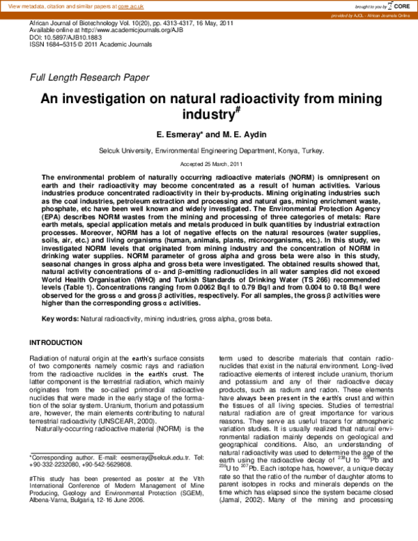 (PDF) An investigation on natural radioactivity from mining industry#