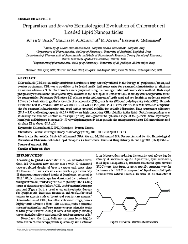 (PDF) Preparation and In-vitro Hematological Evaluation of Chlorambucil ...