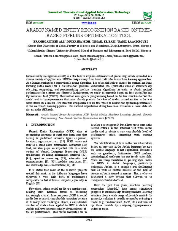 (PDF) Arabic Named Entity Recognition Based on Tree- Based Pipeline ...