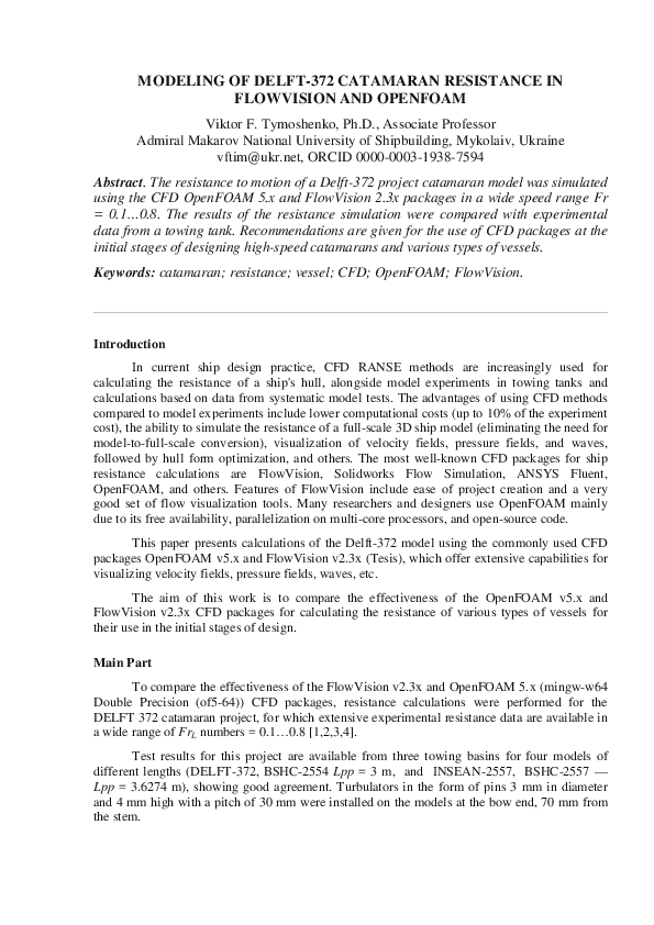(PDF) MODELING OF DELFT-372 CATAMARAN RESISTANCE IN FLOWVISION AND OPENFOAM