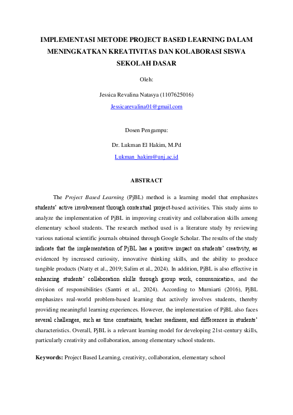 (PDF) IMPLEMENTASI METODE PROJECT BASED LEARNING DALAM MENINGKATKAN ...