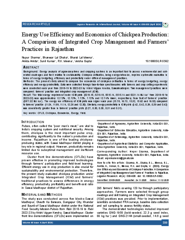 (PDF) Energy Use Efficiency and Economics of Chickpea Production: A ...
