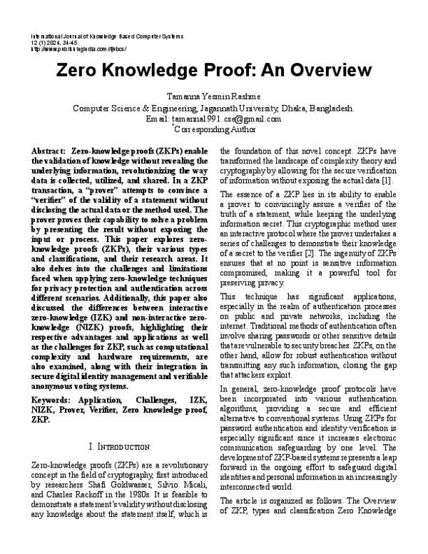 (PDF) Zero Knowledge Proof: An Overview