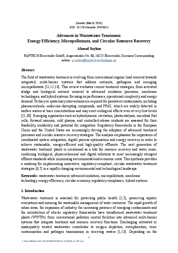(PDF) Advances in Wastewater Treatment: Energy Efficiency ...