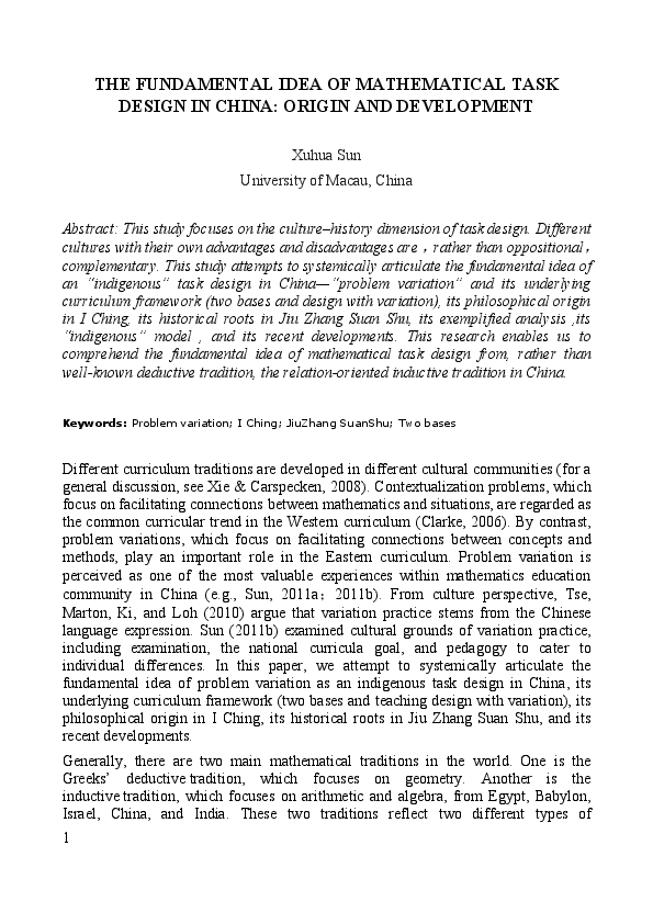 (PDF) The Fundamental Idea of Mathematical Task Design in China: Origin ...