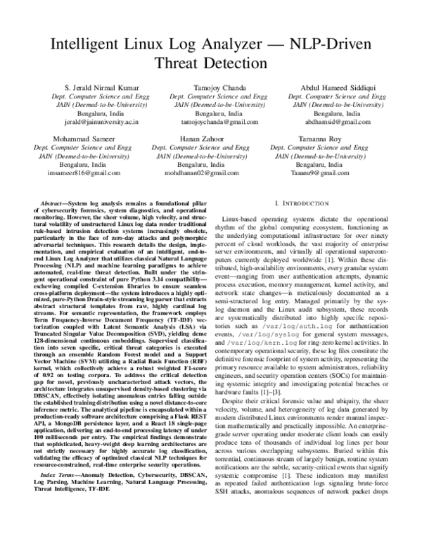 (PDF) Intelligent Linux Log Analyzer -NLP-Driven Threat Detection