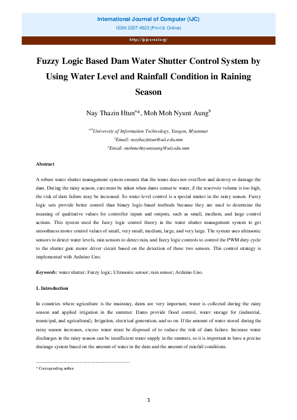 (PDF) Fuzzy Logic Based Dam Water Shutter Control System by Using Water ...