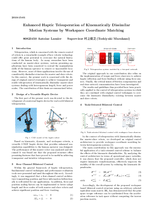 (PDF) Enhanced Haptic Teleoperation of Kinematically Dissimilar Motion ...