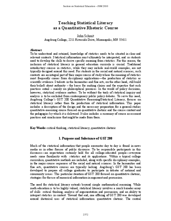 (PDF) Section on Statistical Education – JSM 2010 Teaching Statistical ...