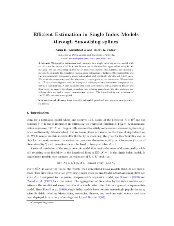 (PDF) Efficient estimation in single index models through smoothing splines
