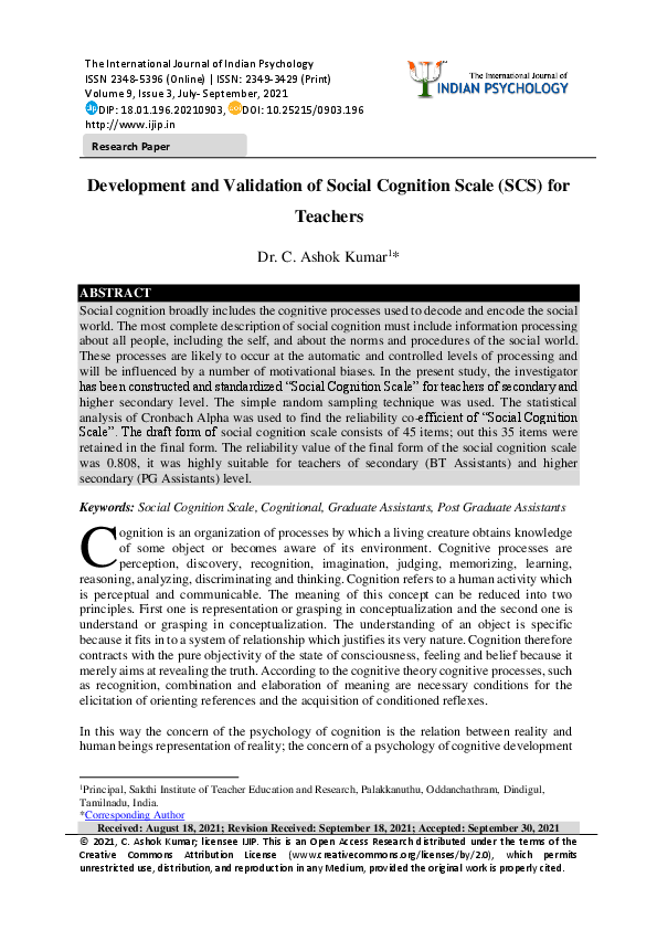 (PDF) Development and Validation of Social Cognition Scale (SCS) for ...