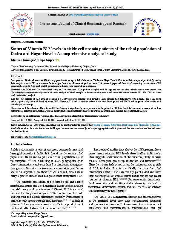 (PDF) Status of Vitamin B12 levels in sickle cell anemia patients of ...
