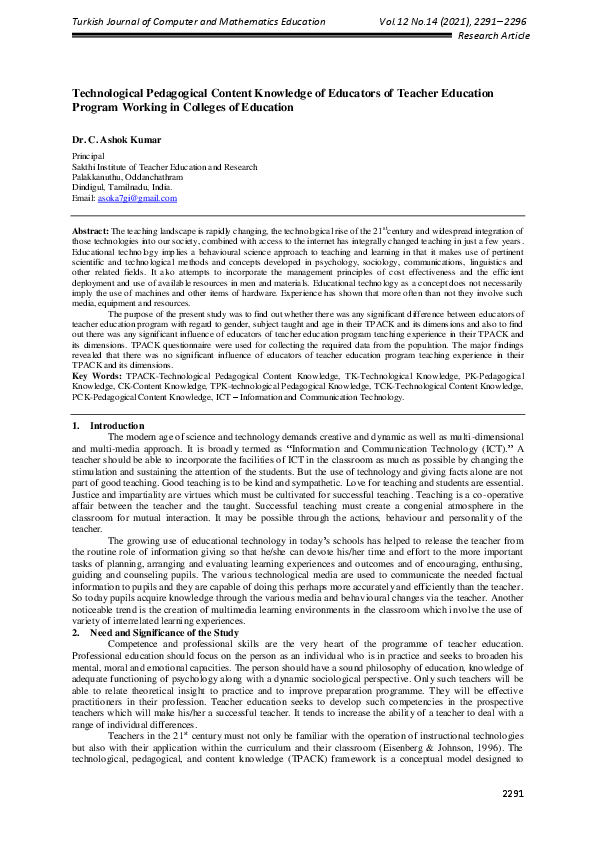 (PDF) Technological Pedagogical Content Knowledge of Educators of ...