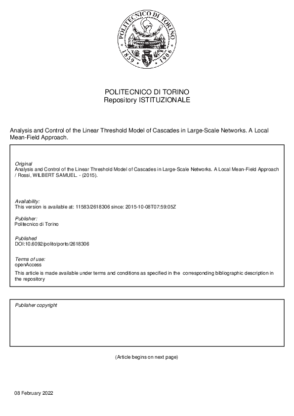 (PDF) Analysis and Control of the Linear Threshold Model of Cascades in ...