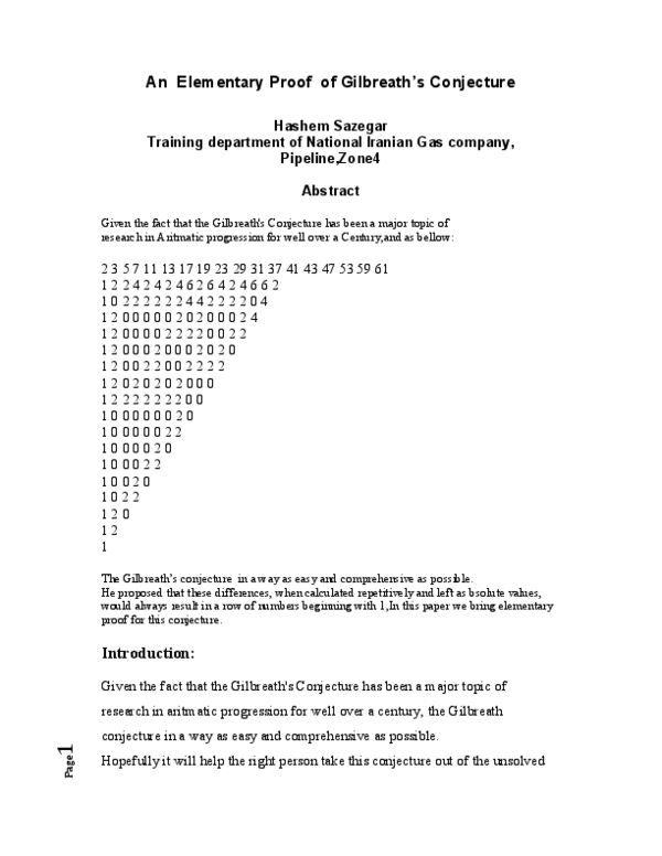 (PDF) An Elementary Proof of Gilbreath’s Conjecture