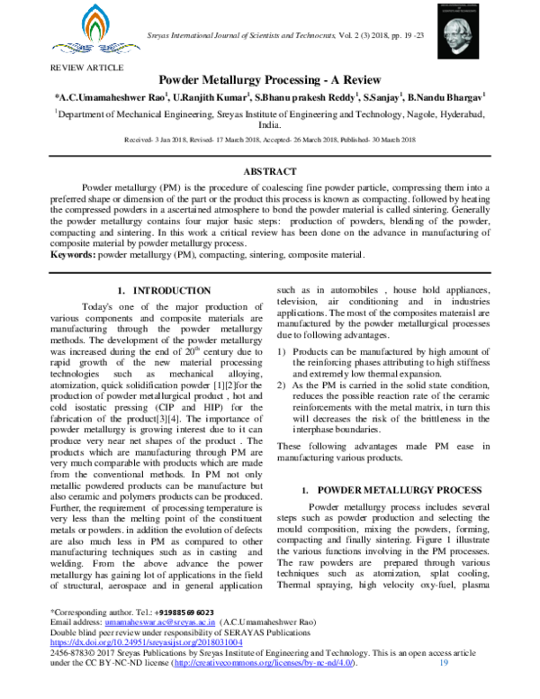 (PDF) Powder Metallurgy Processing - A Review