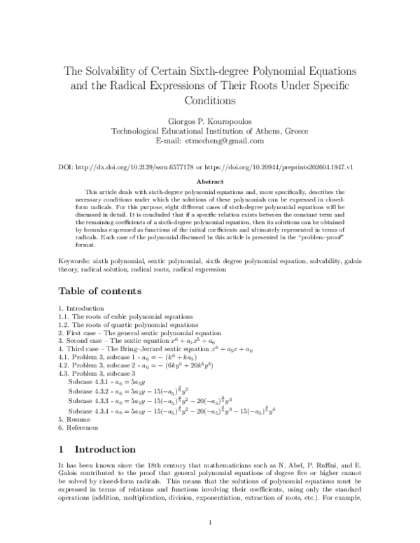 (PDF) The Solvability of Certain Sixth-degree Polynomial Equations and ...