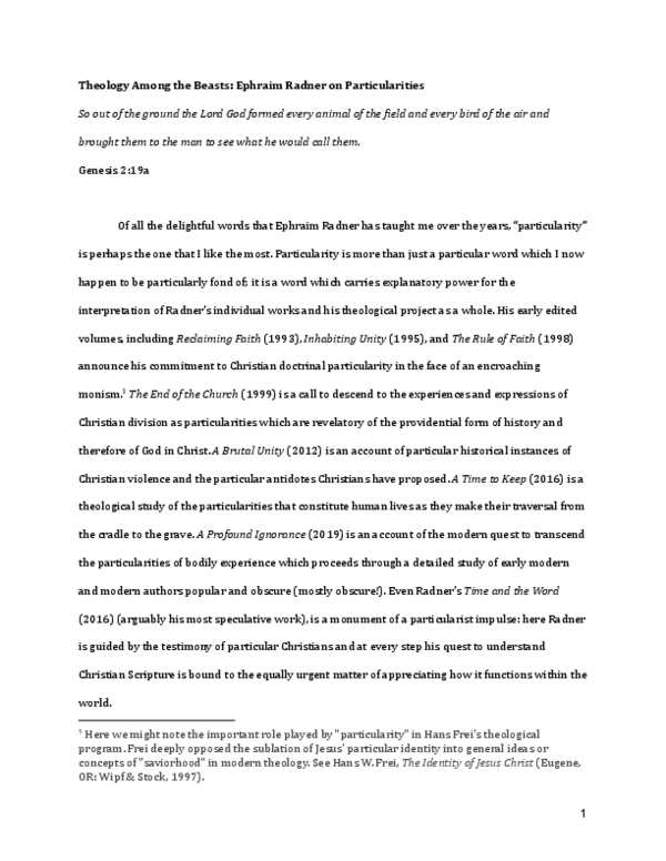 (PDF) Theology Among the Beasts: Ephraim Radner on Particularities