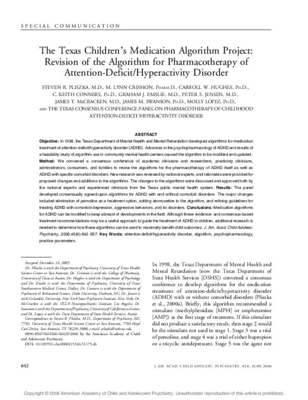 (PDF) The Texas Children's Medication Algorithm Project: Revision of ...