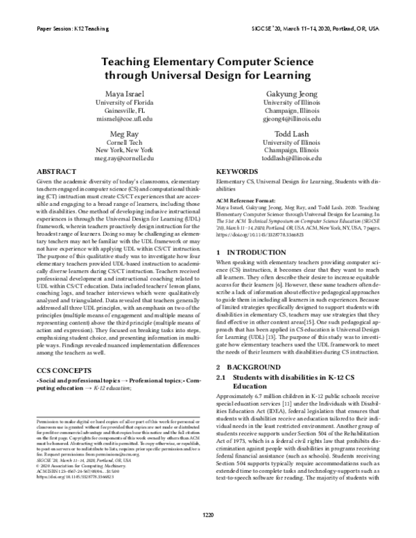 (PDF) Teaching Elementary Computer Science through Universal Design for ...