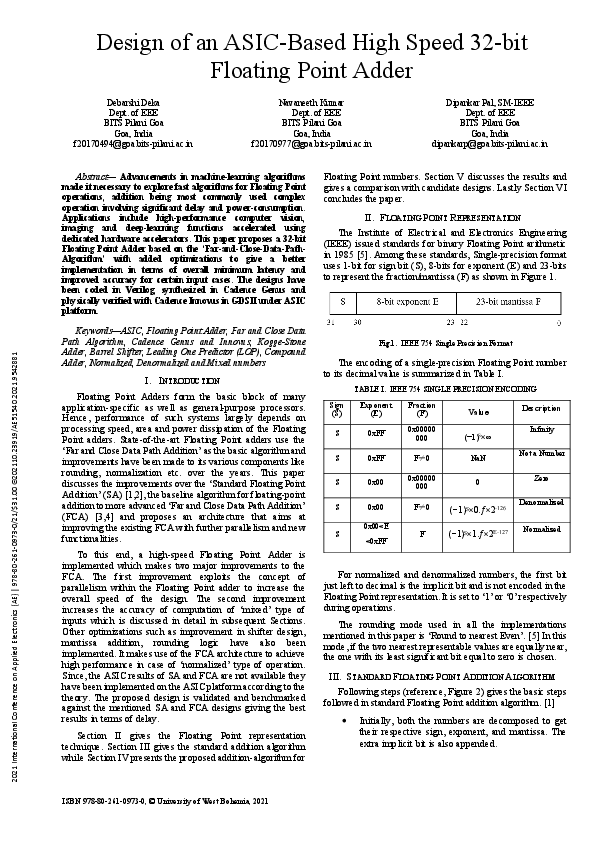 (PDF) Design of an ASIC-Based High Speed 32-bit Floating Point Adder