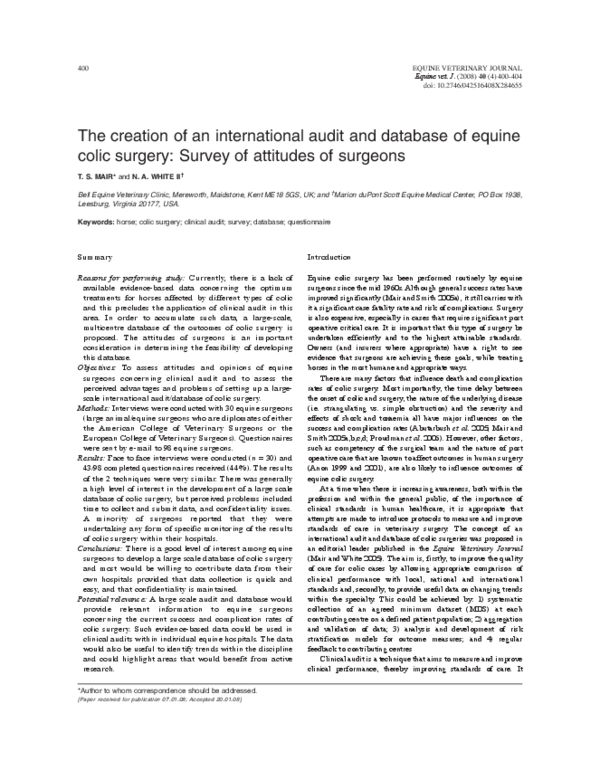 (PDF) The creation of an international audit and database of equine ...
