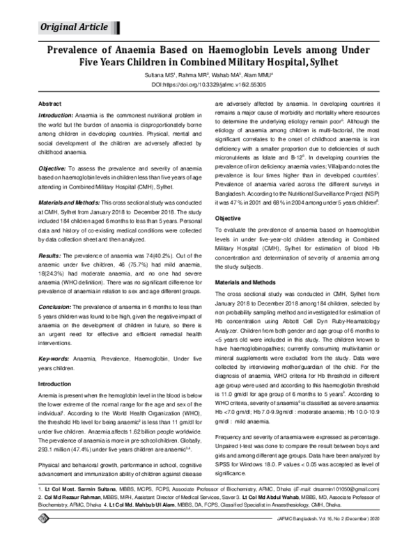 (PDF) Prevalence of Anaemia Based on Haemoglobin Levels among Under ...