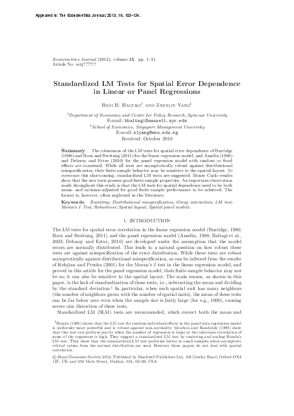 (PDF) Standardized LM Tests for Spatial Error Dependence in Linear or ...