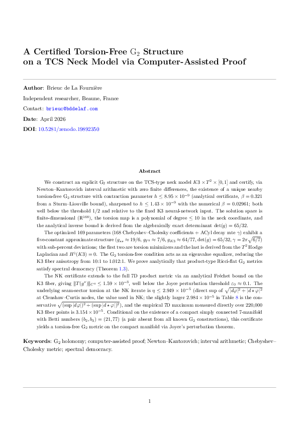 (PDF) A Certified Torsion-Free G 2 Structure on a TCS Neck Model via ...