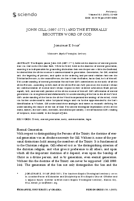 (PDF) John Gill (1697-1771) and the Eternally Begotten Word of God