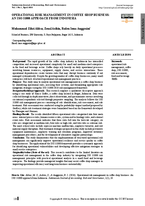 (PDF) Operational Risk Management in Coffee Shop Business: an ISO 31000 ...