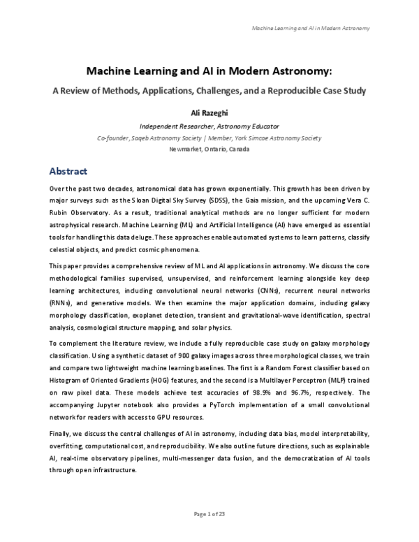 (PDF) Machine Learning and AI in Modern Astronomy: A Review of Methods ...