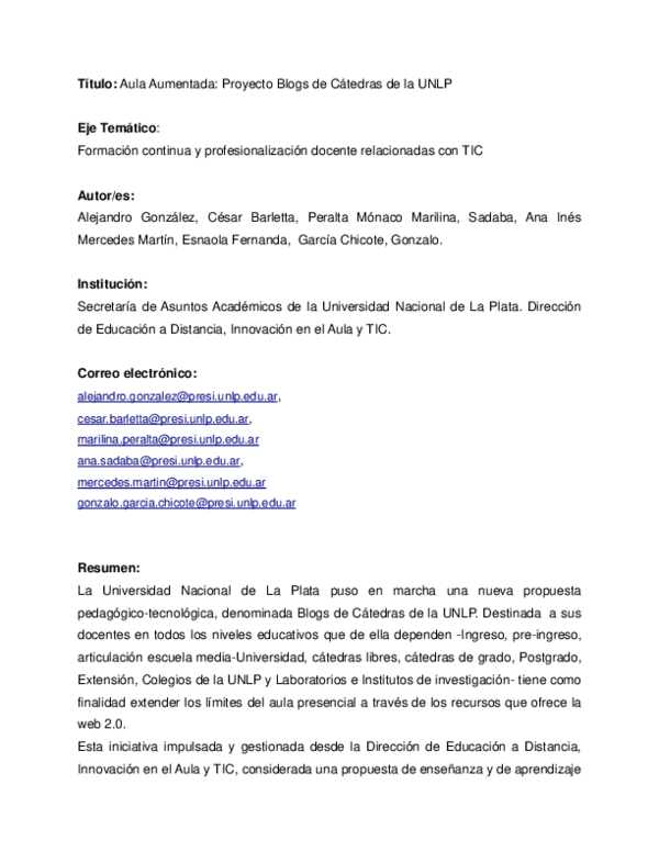 (PDF) Aula Aumentada: Proyecto Blogs de Cátedras de la UNLP