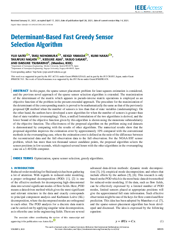 (PDF) Determinant-Based Fast Greedy Sensor Selection Algorithm