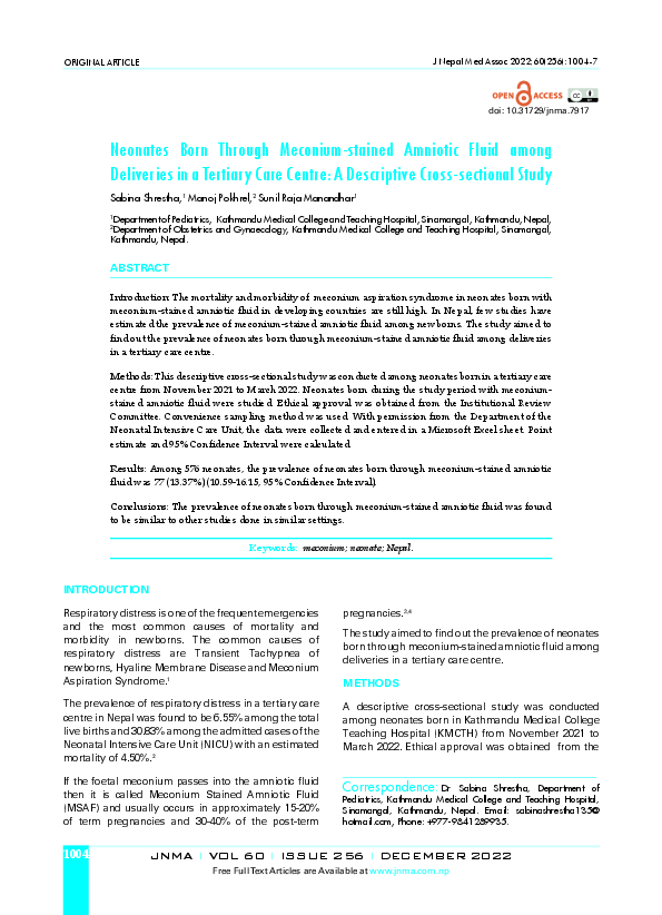 (PDF) Neonates Born Through Meconium-stained Amniotic Fluid among ...