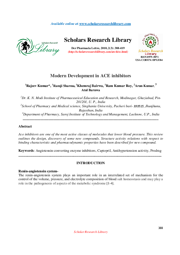 (PDF) Modern Development in ACE inhibitors