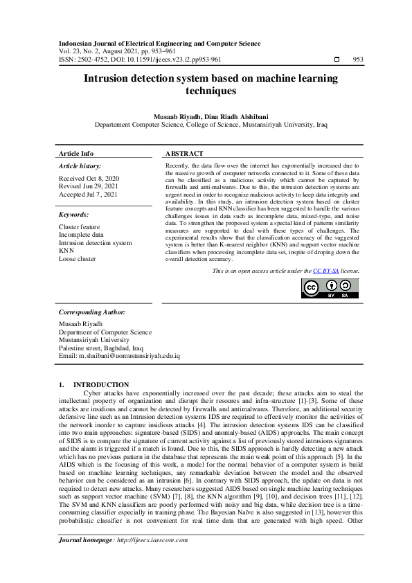 (PDF) Intrusion detection system based on machine learning techniques