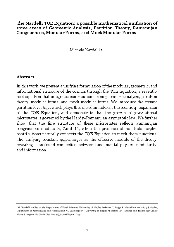 (PDF) The Nardelli TOE Equation; a possible mathematical unification of ...
