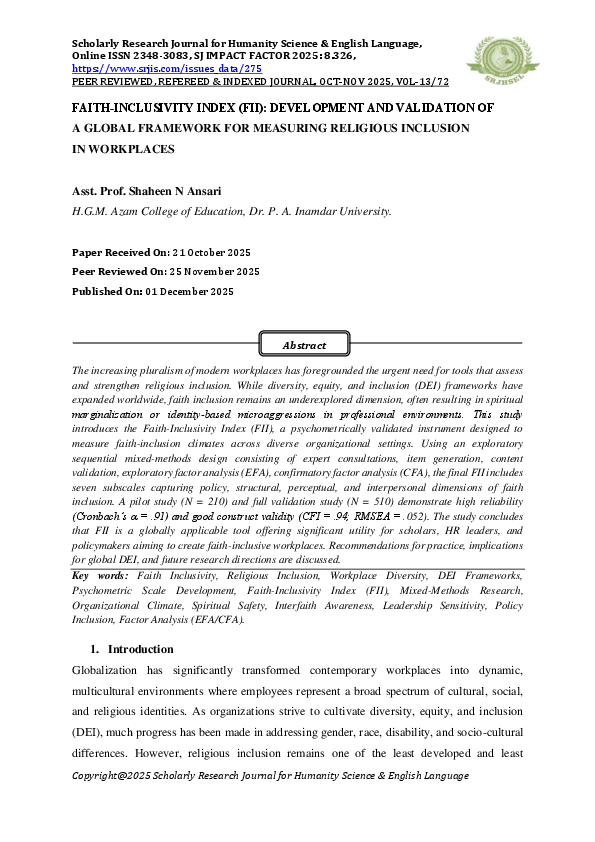 (PDF) FAITH-INCLUSIVITY INDEX (FII): DEVELOPMENT AND VALIDATION OF A ...