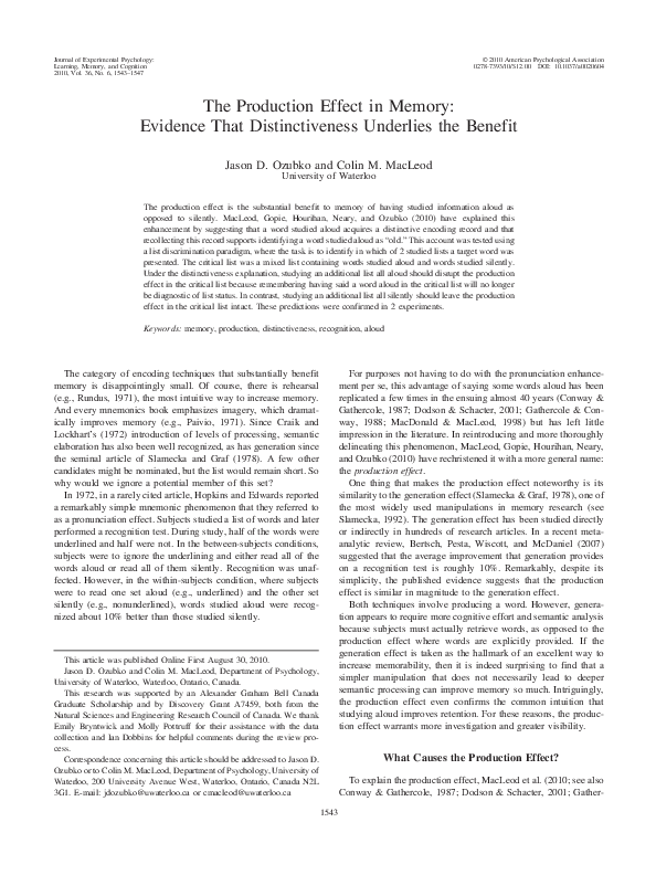(PDF) The production effect in memory: Evidence that distinctiveness ...