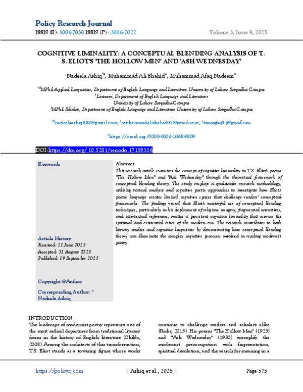 (PDF) COGNITIVE LIMINALITY: A CONCEPTUAL BLENDING ANALYSIS OF T. S ...