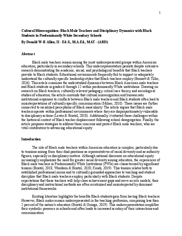 (PDF) Cultural Mis-recognition: Black Male Teachers and Disciplinary ...