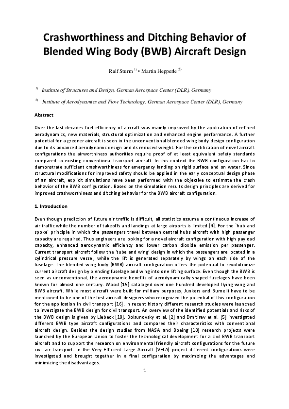 (PDF) Ditching Behavior of Blended Wing Body ( BWB ) Aircraft Design
