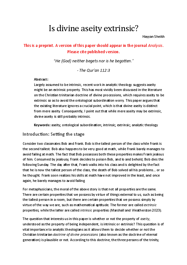 (PDF) Is divine aseity extrinsic?