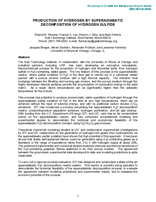 (PDF) Production of Hydrogen by Superadiabatic Decomposition of ...