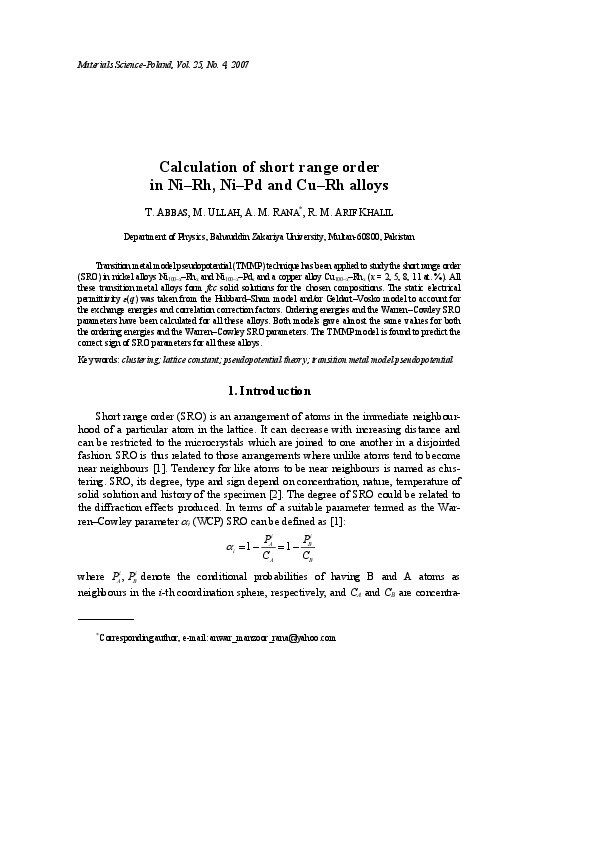 (PDF) Calculation of Short Range Order In Ni Rh, Ni Pd and Cu Rh Alloys