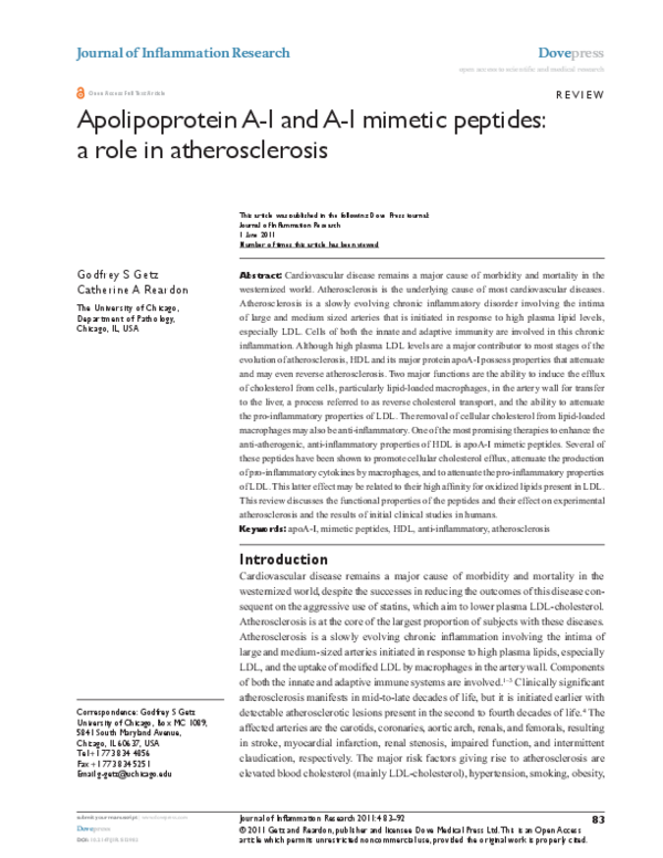 (PDF) Apolipoprotein A-I and A-I mimetic peptides: a role in ...