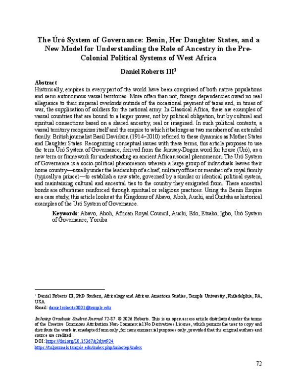 (PDF) The Úró System of Governance: Benin, Her Daughter States, and a ...